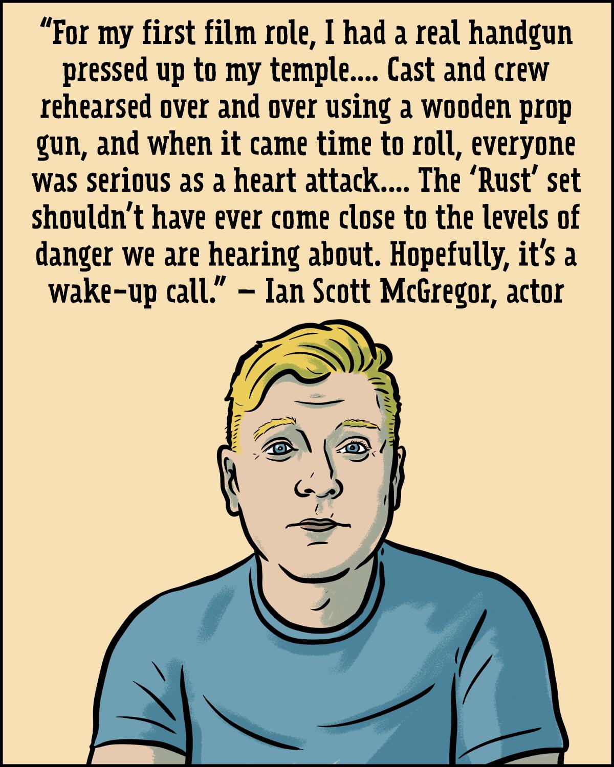 Illustrated portrait of a man with blond hair wearing a blue T-shirt. 