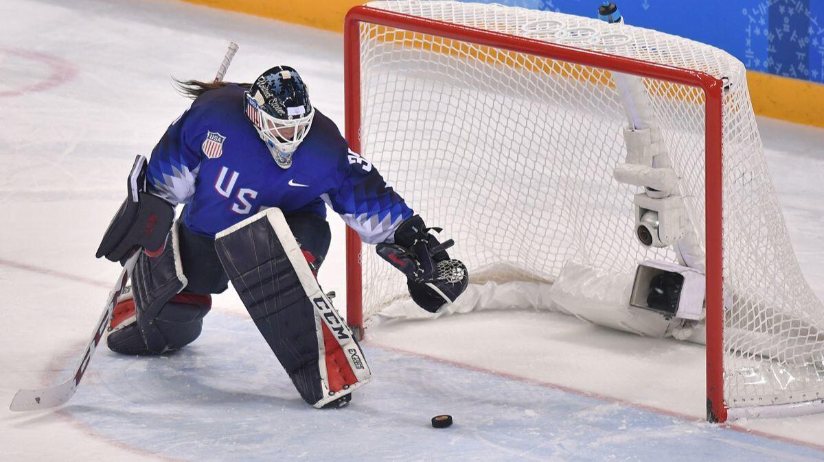Madeline Rooney makes a save in the penalty shoot out in the women's gold medal ice hockey match between Canada and the U.S. during the Pyeongchang 2018 Winter Olympic Games on Thursday.