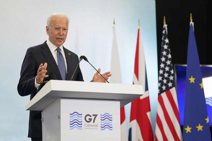 President Joe Biden speaks during a news conference after attending the G-7 summit, Sunday, June 13, 2021, at Cornwall Airport in Newquay, England. Biden is en route to Windsor, England, to meet with Queen Elizabeth II, and then on to Brussels to attend the NATO summit. (AP Photo/Patrick Semansky)