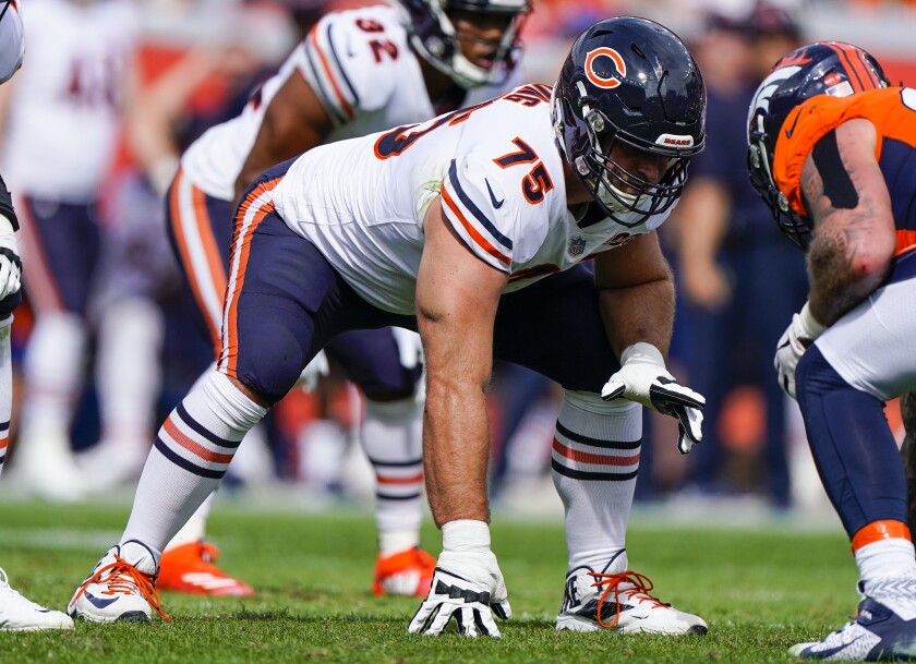 File-This Sept. 15, 2019, file photo shows Chicago Bears offensive guard Kyle Long lining up during an NFL football game between the Denver Broncos and the Chicago Bears in Denver. The offensive line that the Kansas City Chiefs aggressively overhauled this offseason has taken a hit with a knee injury to veteran Long during voluntary workouts that could require surgery and keep him out of training camp. (AP Photo/Jack Dempsey, File)