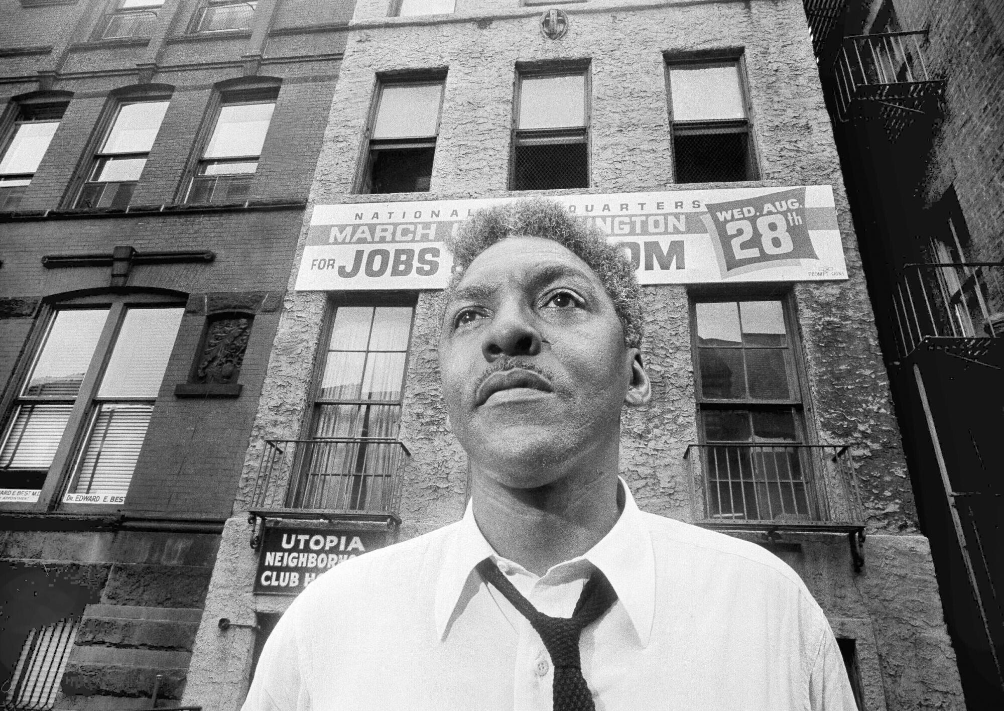 FILE - Bayard Rustin, leader of the March on Washington, poses for a photo Aug. 1, 1963, in New York.