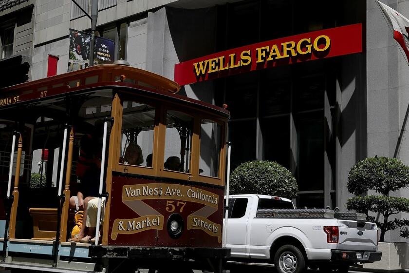 SAN FRANCISCO, CA - JULY 14: A Cable Car passes a Wells Fargo Bank branch office on July 14, 2017 in San Francisco, California. San Francisco based Wells Fargo & Co. reported better-than-expected second quarter earnings with profits up 5 percent to $5.8 billion, or $1.07 per share. (Photo by Justin Sullivan/Getty Images) ** OUTS - ELSENT, FPG, CM - OUTS * NM, PH, VA if sourced by CT, LA or MoD **