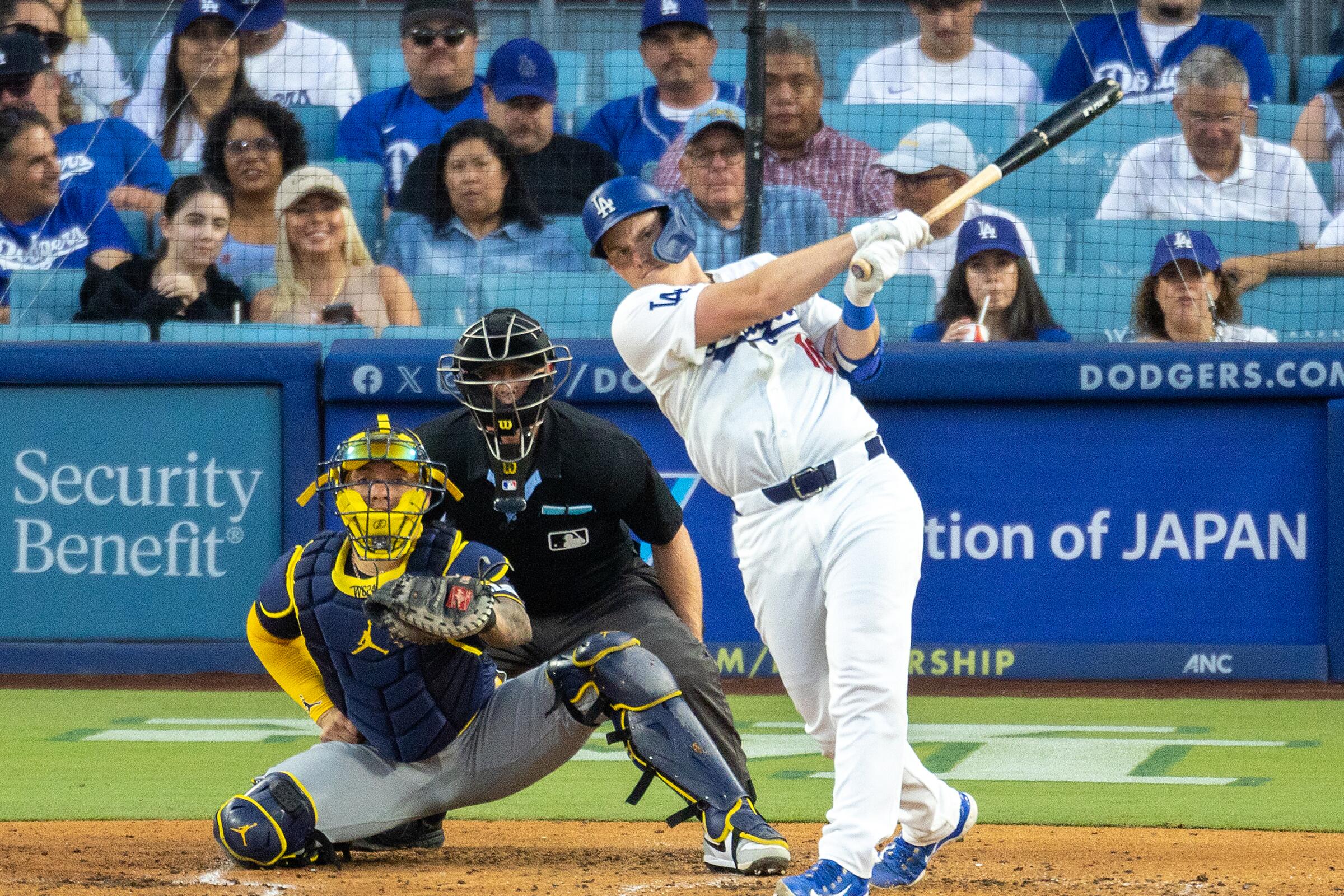Dodgers catcher Will Smith hits his second home run of the night against the Brewers at Dodger Stadium.