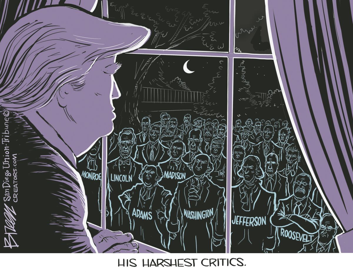 In this cartoon captioned "His Harshest Critics" Trump looks out of the White House at angry US presidents 