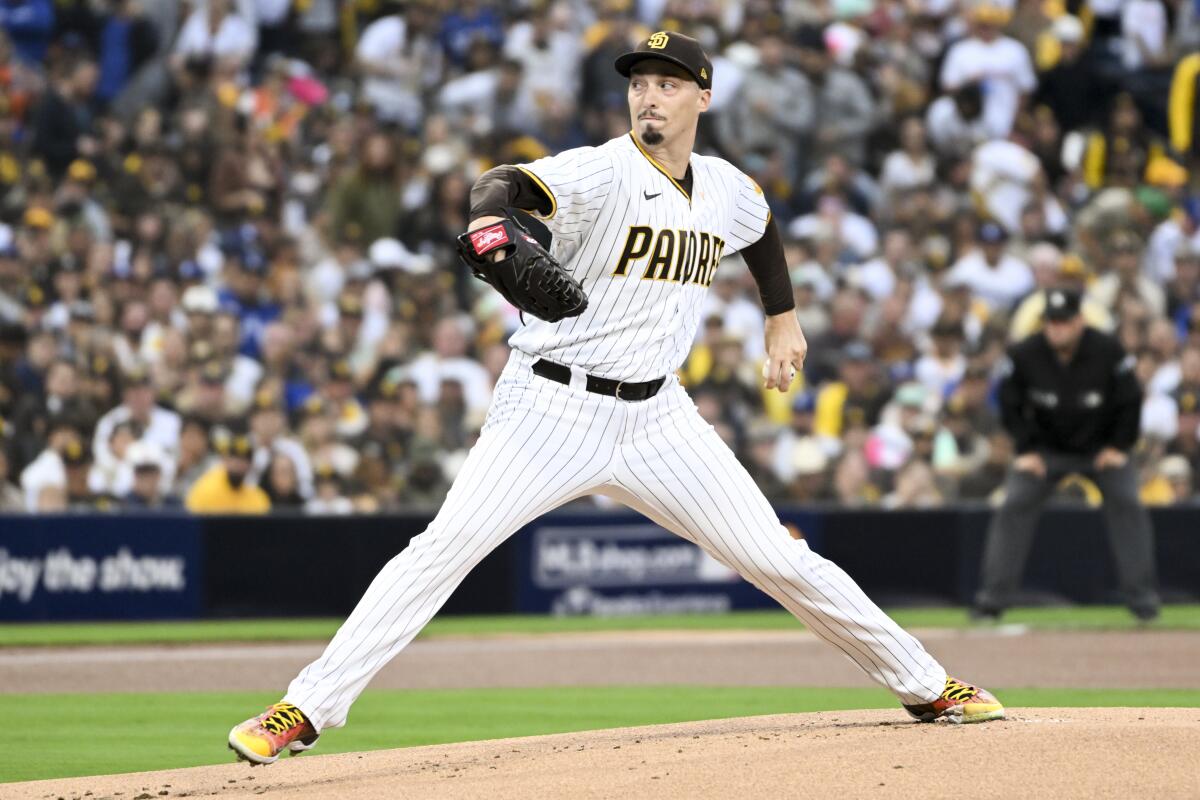 San Diego Padres starting pitcher Blake Snell delivers during Game 3 of the NLDS against the Dodgers in October 2022.