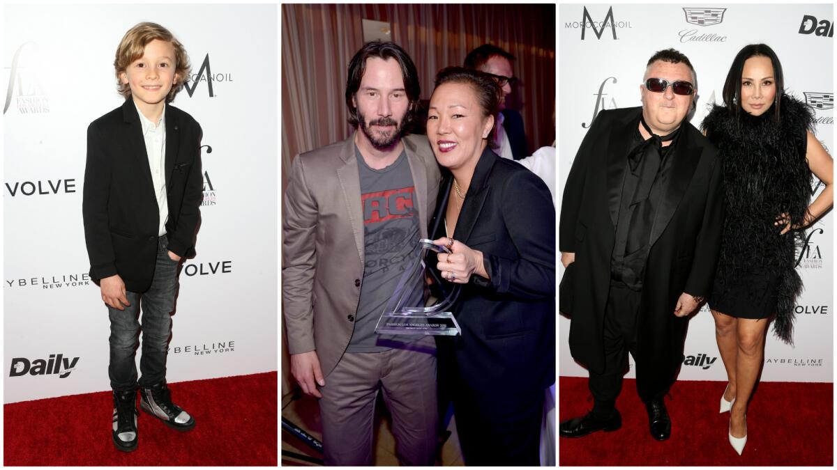 Attendees at the March 20, 2016, Fashion Los Angeles Awards included, from left, Karl Lagerfeld's godson Hudson Kroenig, presenter Keanu Reeves, Best Men's Stylist honoree Jeanne Yang, presenter Alber Elbaz and Fashion Innovator honoree Eva Chow.
