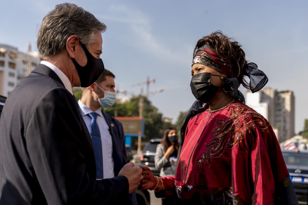 Secretary of State Antony J. Blinken speaks with Senegalese Foreign Minister Aissata Tall Sall in Dakar, Senegal.