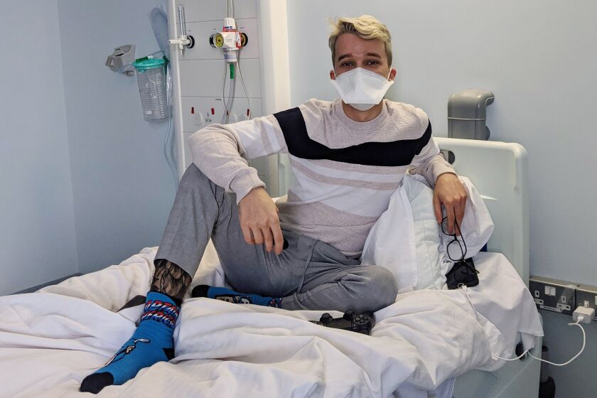 Jacob Hopkins in his hospital room where he was deliberately infected with the coronavirus that causes COVID-19.