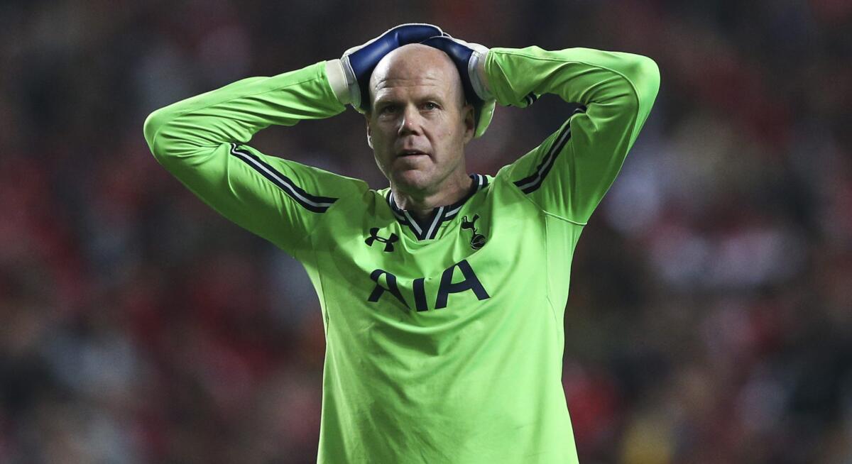 Tottenham Hotspur goalkeeper Brad Friedel reacts after a teammate missed a scoring opportunity during a UEFA Europa League match against Benfica in March. Friedel is one of the greatest goalkeepers in U.S. history.