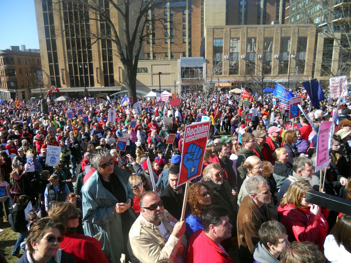 Wisconsin unions rallied in Madison in 2012 to protest Gov. Scott Walker's campaign against collective bargaining.