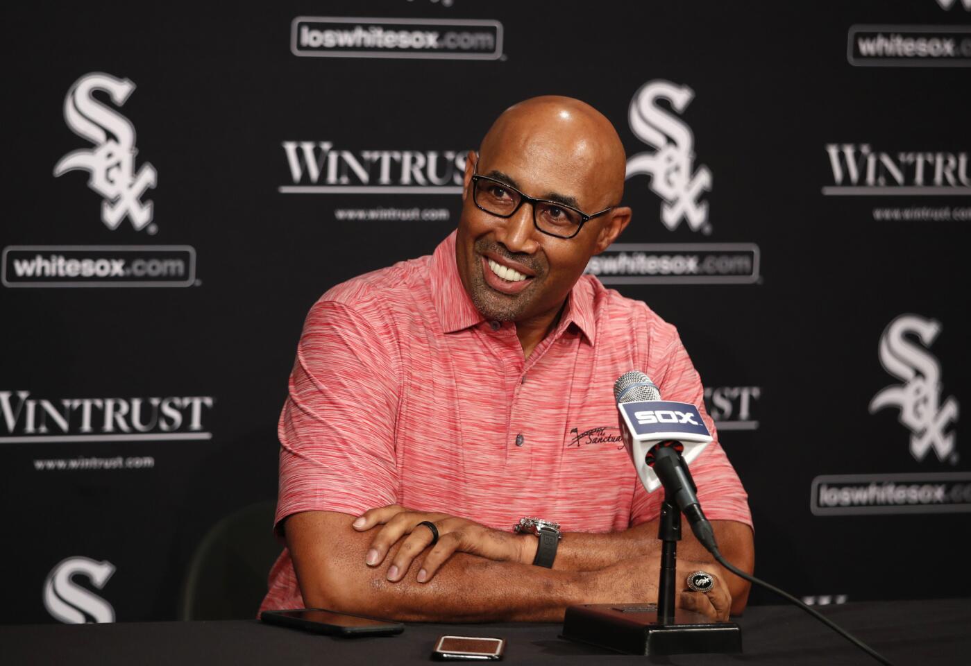 Harold Baines talks to the media about being elected to the Hall of Fame and the upcoming ceremonies during a news conference on July 2, 2019, at Guaranteed Rate Field.