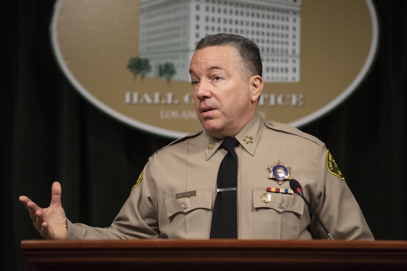 Los Angeles County Sheriff Alex Villanueva briefs the media about the latest safety precautions the department is taking regarding COVID-19 at the Hall of Justice in Los Angeles on Monday, March 16, 2020. ( Photo by Nick Agro / For The Times)