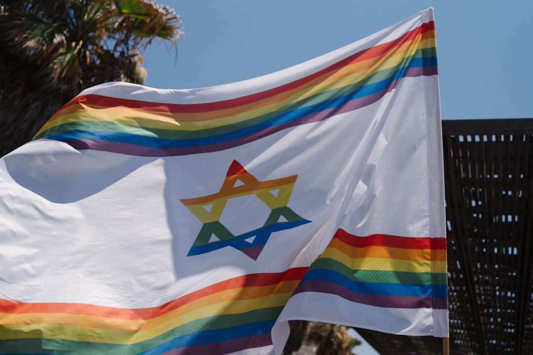 Un drapeau israélien sur le thème de la fierté est hissé au-dessus de la foule des participants au défilé.