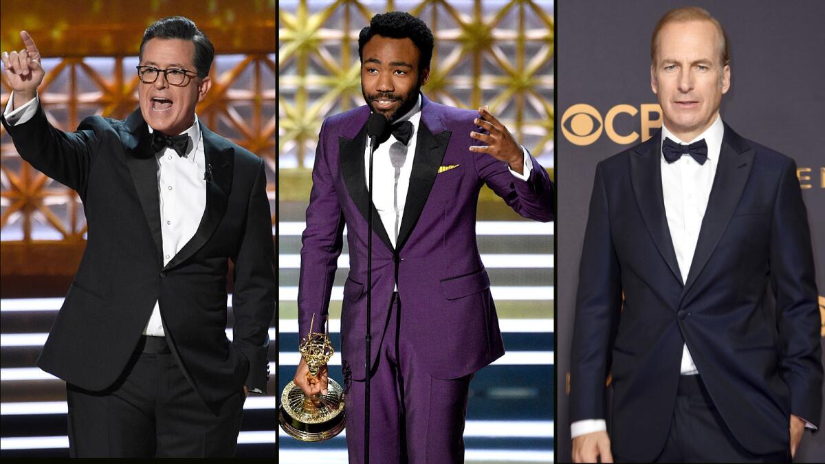 Emmy host Stephen Colbert, from left, kept it classic, while Donald Glover and Bob Odenkirk wore color.