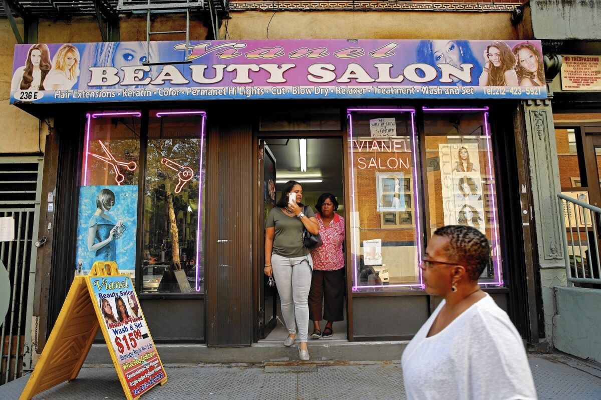 Vianel Beauty Salon in East Harlem sits across the street from Our Lady Queen of Angels School, where Pope Francis will meet with pupils, refugees and immigrants Sept. 25.