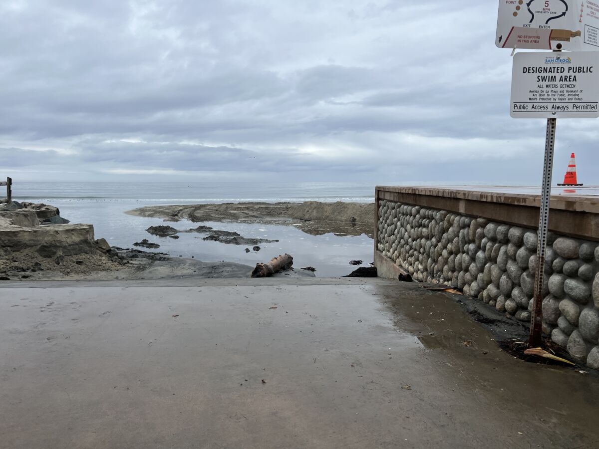 Much of the sand at the La Jolla Shores boat dock was washed out to sea during the storm.