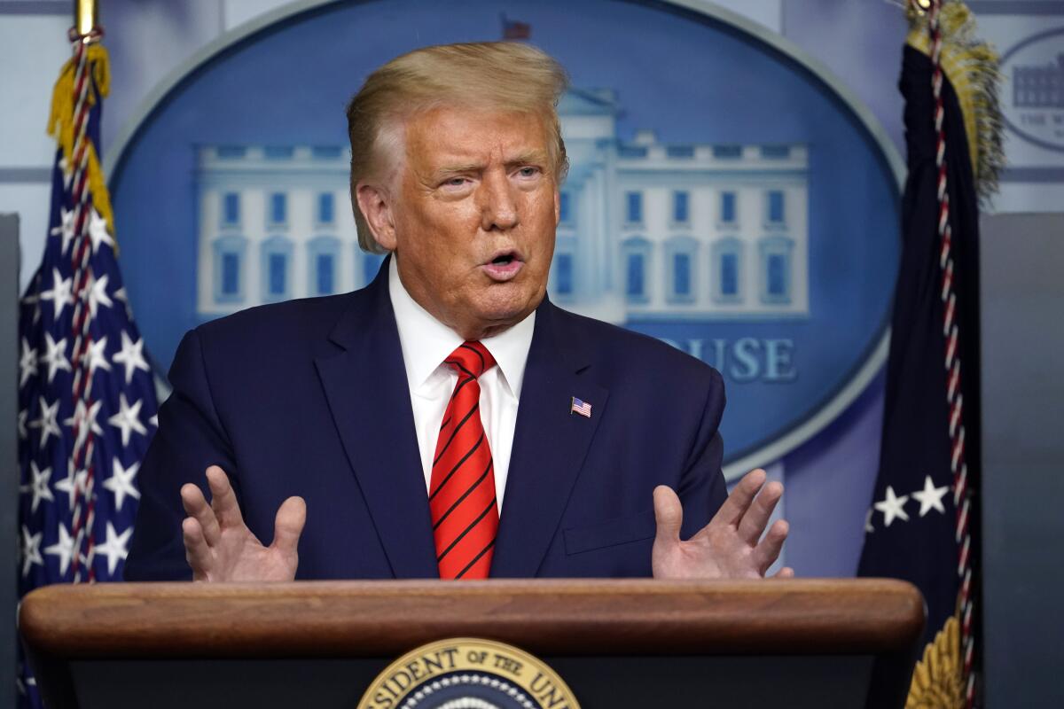President Donald Trump speaks at a news conference, Aug. 31, 2020, in Washington.