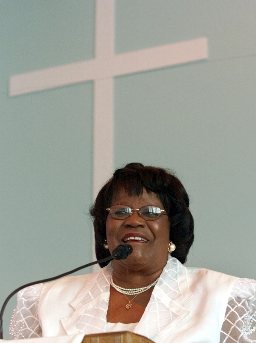 Rep. Carrie Meek, D-Fla., smiles as she speaks during services at Mt. Tabor Missionary Baptist Church in Miami, July 7, 2002. Meek, the grandchild of a slave and a sharecropper’s daughter who became one of the first black Floridians elected to Congress since Reconstruction, died Sunday, Nov. 28, 2021. She was 95. (AP Photo/Wilfredo Lee, file)