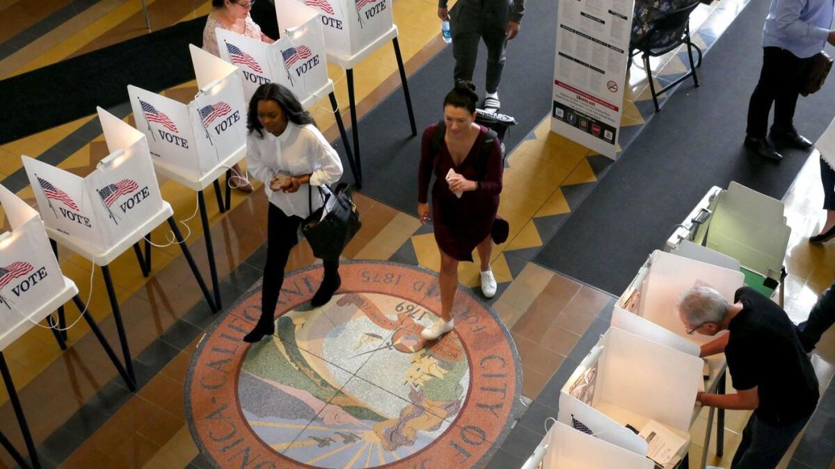 Primary voters don't exactly jostle for space at Santa Monica City Hall on Tuesday.