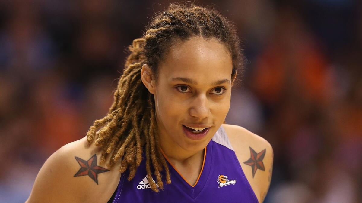 Phoenix Mercury star Brittney Griner looks on during the WNBA All-Star Game in Phoenix on July 19, 2014.