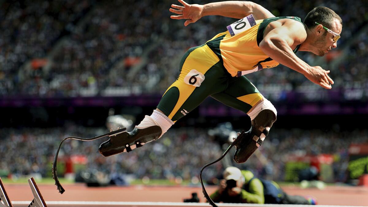Oscar Pistorius runs in the Olympic semifinals for the 400-meter race in London in 2012.