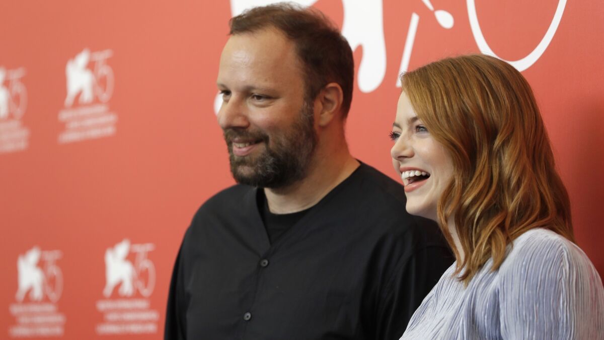 Emma Stone and director Yorgos Lanthimos last month at the Venice Film Festival.