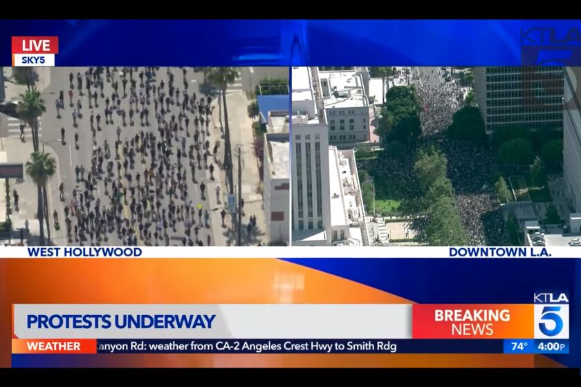 A screenshot of KTLA5's helicopter footage of West Hollywood and Down Town Los Angeles' protest of the killing of George Floyd on June 3, 2020. Credit: KTLA5
