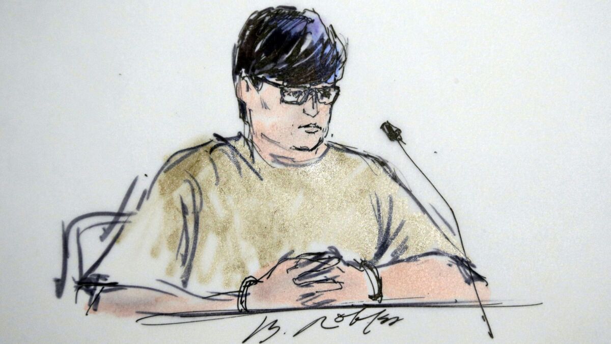 Enrique Marquez appears in federal court in Riverside in this Dec. 17, 2015, courtroom sketch. He is schedules to be sentenced later this month in connection with the San Bernardino terror attack.