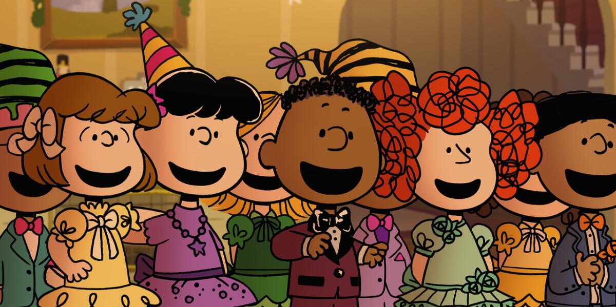 A bunch of Peanuts characters celebrating at a New Year's Eve party