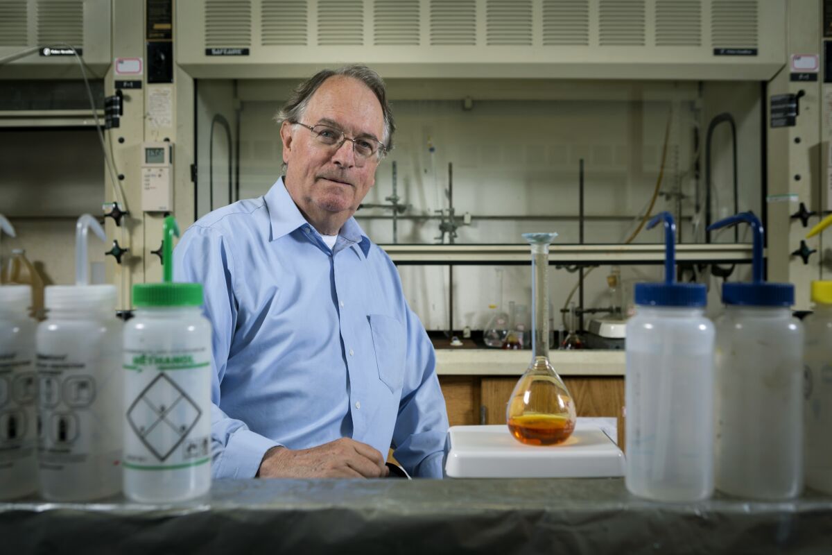 Professor M. Stanley Whittingham in his laboratory at Binghamton University's campus in Vestal, N.Y. He shared the 2019 Nobel Prize in chemistry for his work leading to the development of lithium-ion batteries.