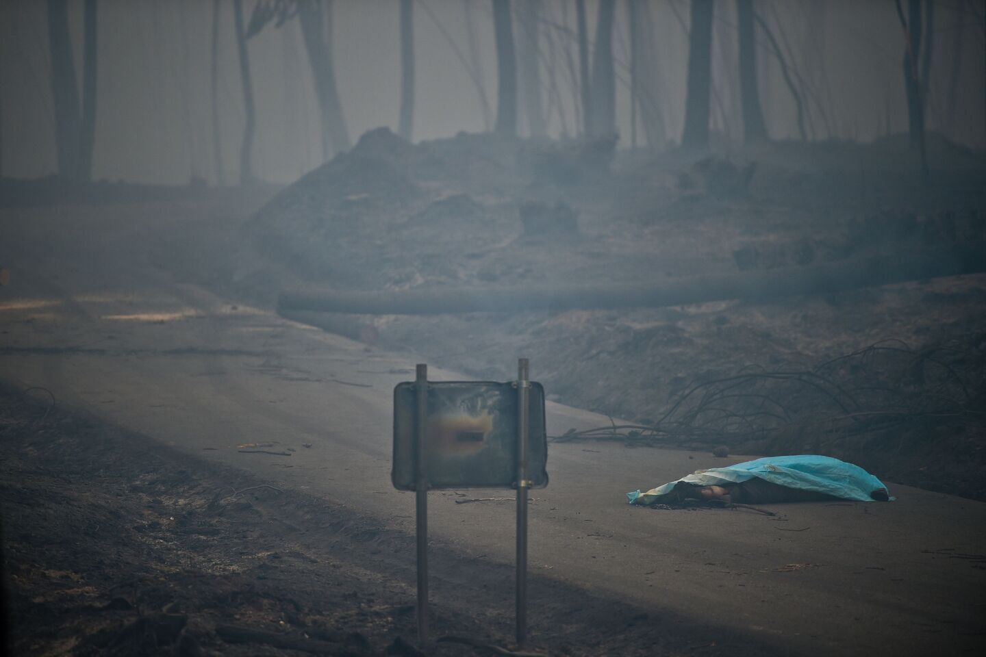 A fire victim's body lies covered by a blanket on a road in Pedrogao.