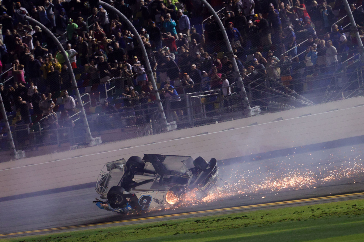 Ryan Newman's car slides on its roof across the finish line at the end of the Daytona 500 on Feb. 17, 2020.