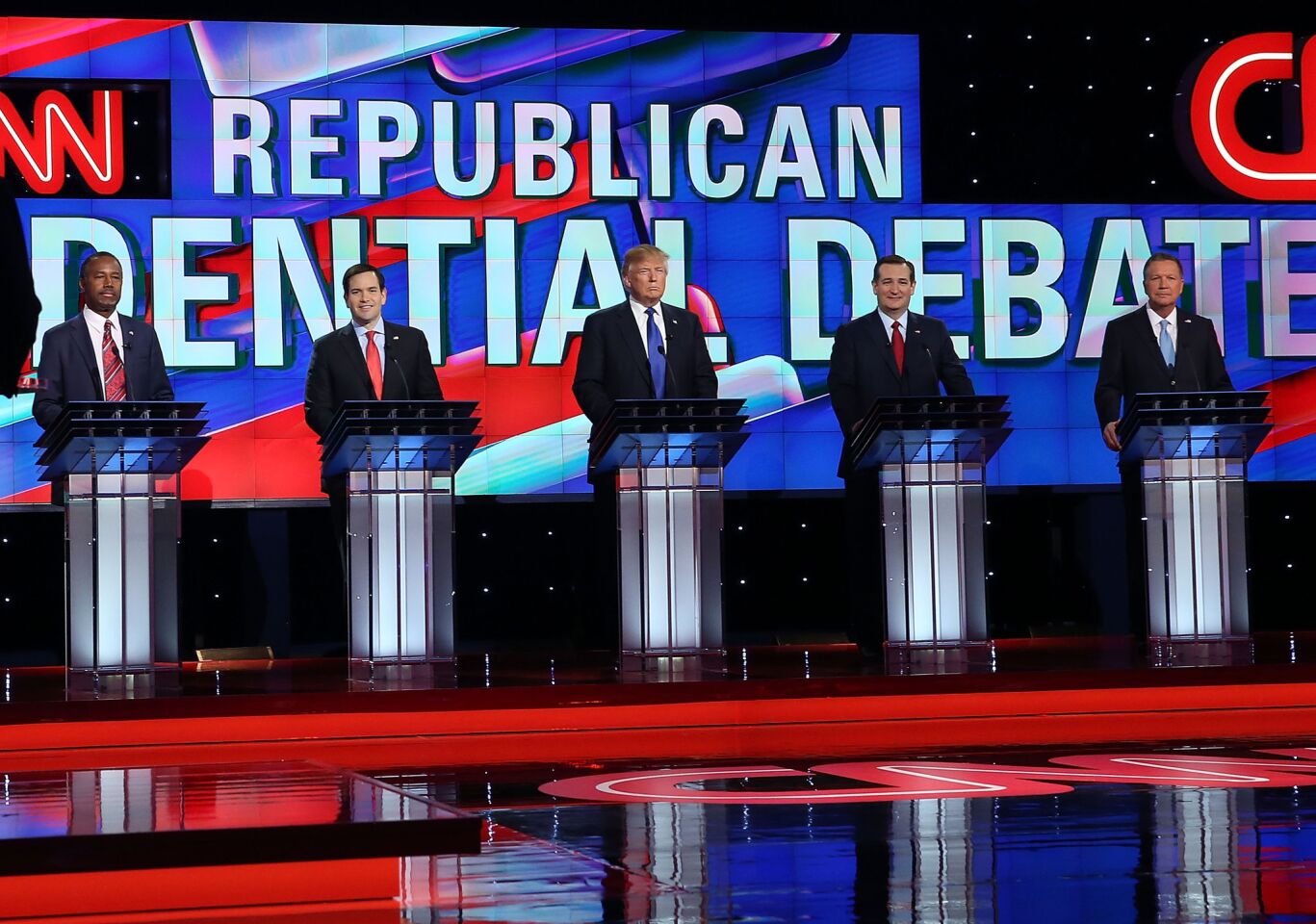 Republican presidential candidates, from left, Ben Carson, Marco Rubio, Donald Trump, Ted Cruz and John Kasich.