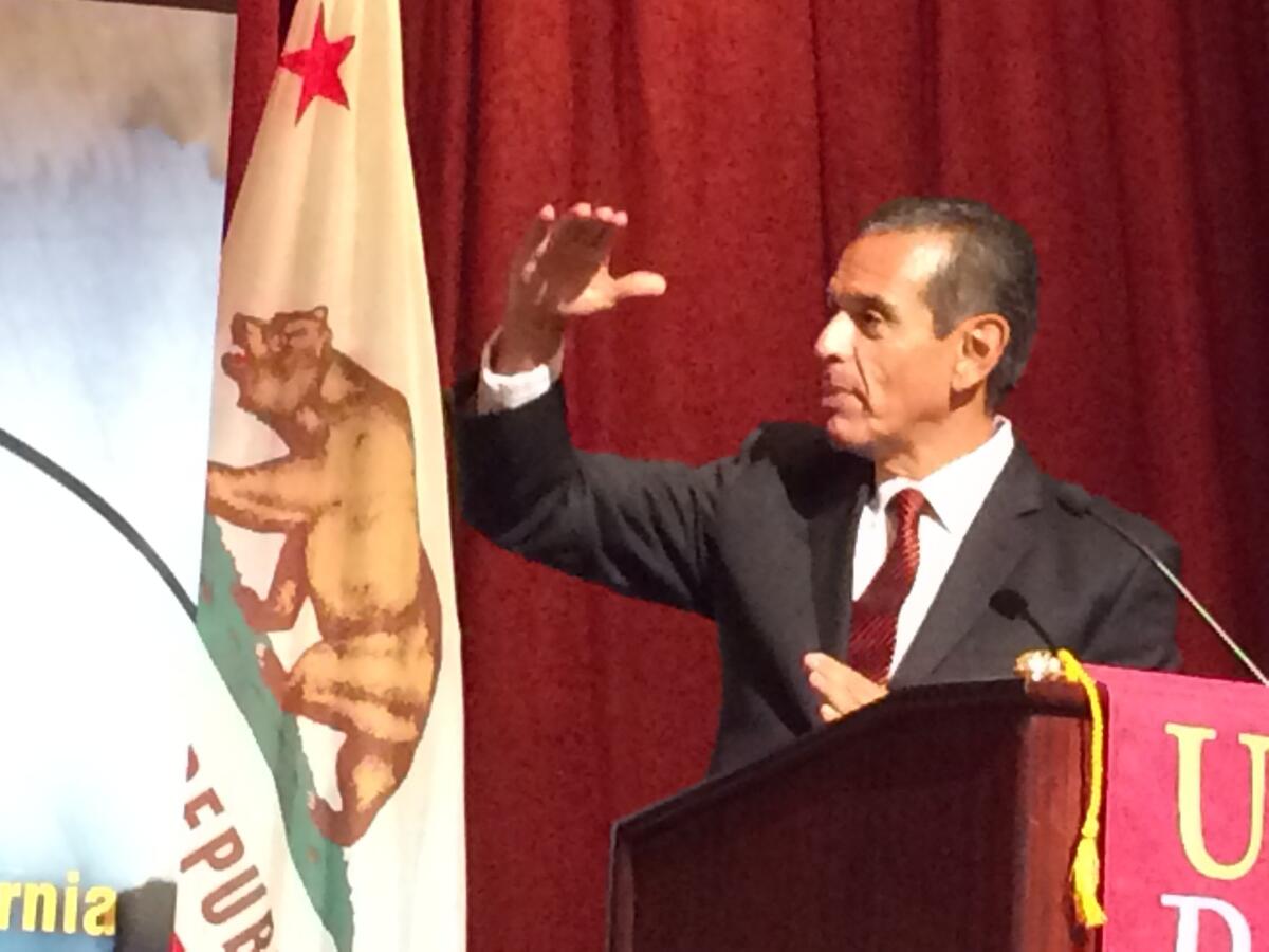 Former L.A. Mayor Antonio Villaraigosa speaks during a forum on education at USC on Monday. In an interview, Villaraigosa endorsed a plan to more than double the number of charter schools in Los Angeles.