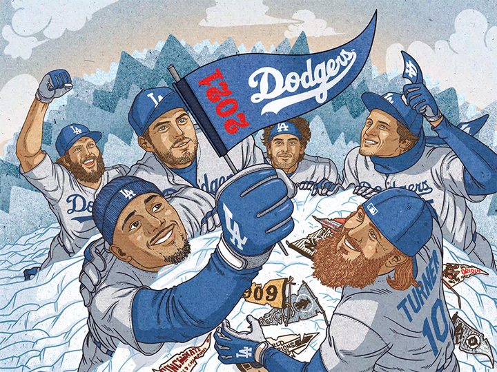 Animated illustration of Dodgers players atop a mountain holding a 2021 Dodgers pennant.