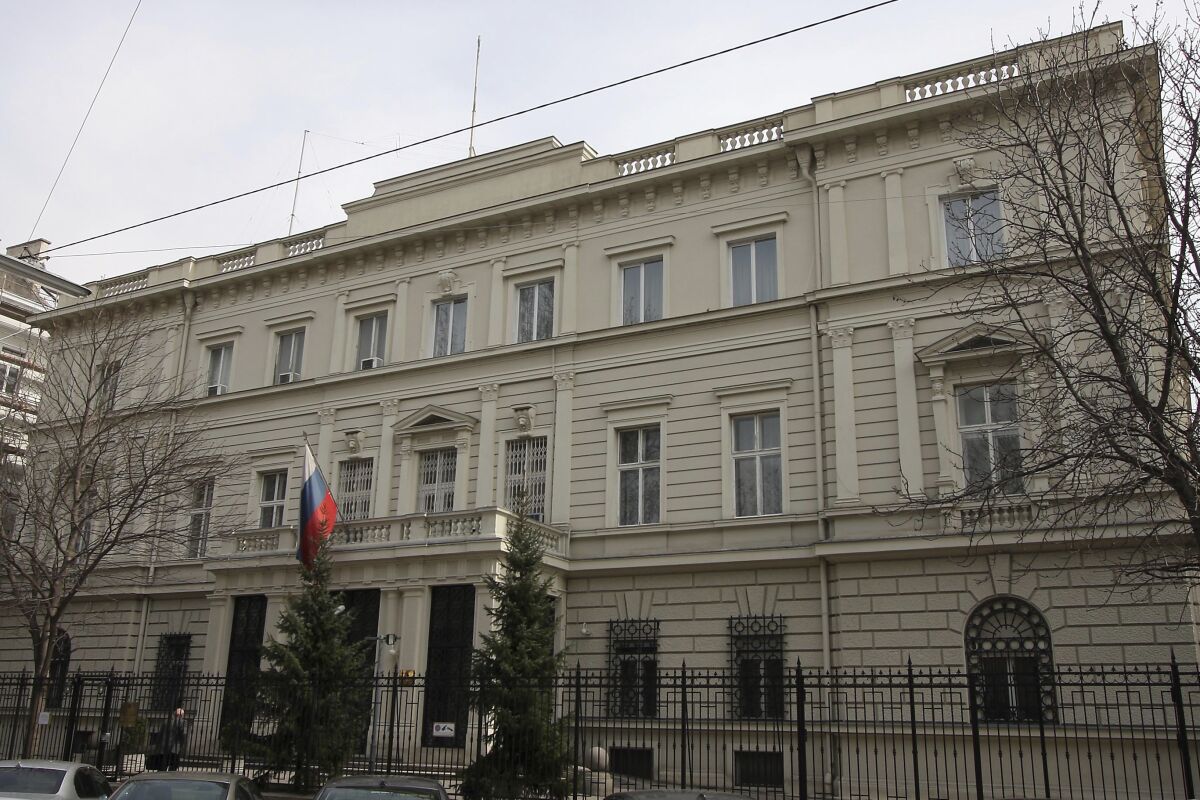 A view of the Russian embassy in Vienna, Austria, on March 19, 2010. Austria's government said Thursday, Feb. 2, 2023 that it has ordered four diplomats based in Vienna, including two at Moscow's mission to U.N. agencies in the city, to leave the country. (AP Photo/Ronald Zak, File)