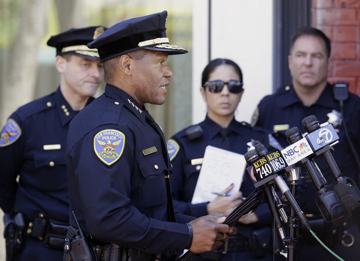 FILE - In this May 3, 2017, file photo, San Francisco Police Chief Bill Scott speaks to reporters in San Francisco. Scott apologized Thursday, May 13, 2021, for a police shooting last week that injured a burglary suspect. The man, was shot in the wrist by a plainclothes officer as he was being arrested. (AP Photo/Jeff Chiu, File)