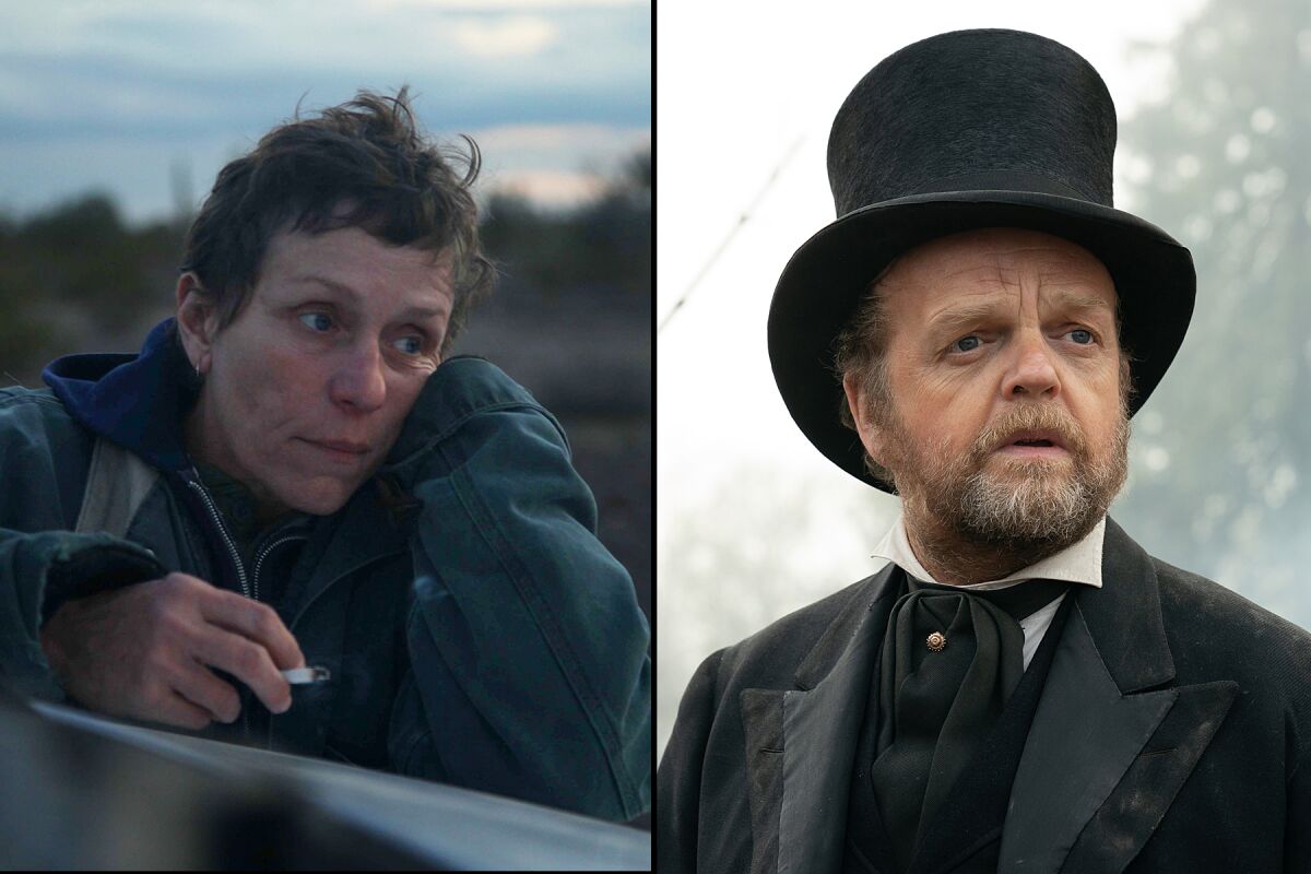 Frances McDormand in "Nomadland," and Toby Jones in "First Cow."