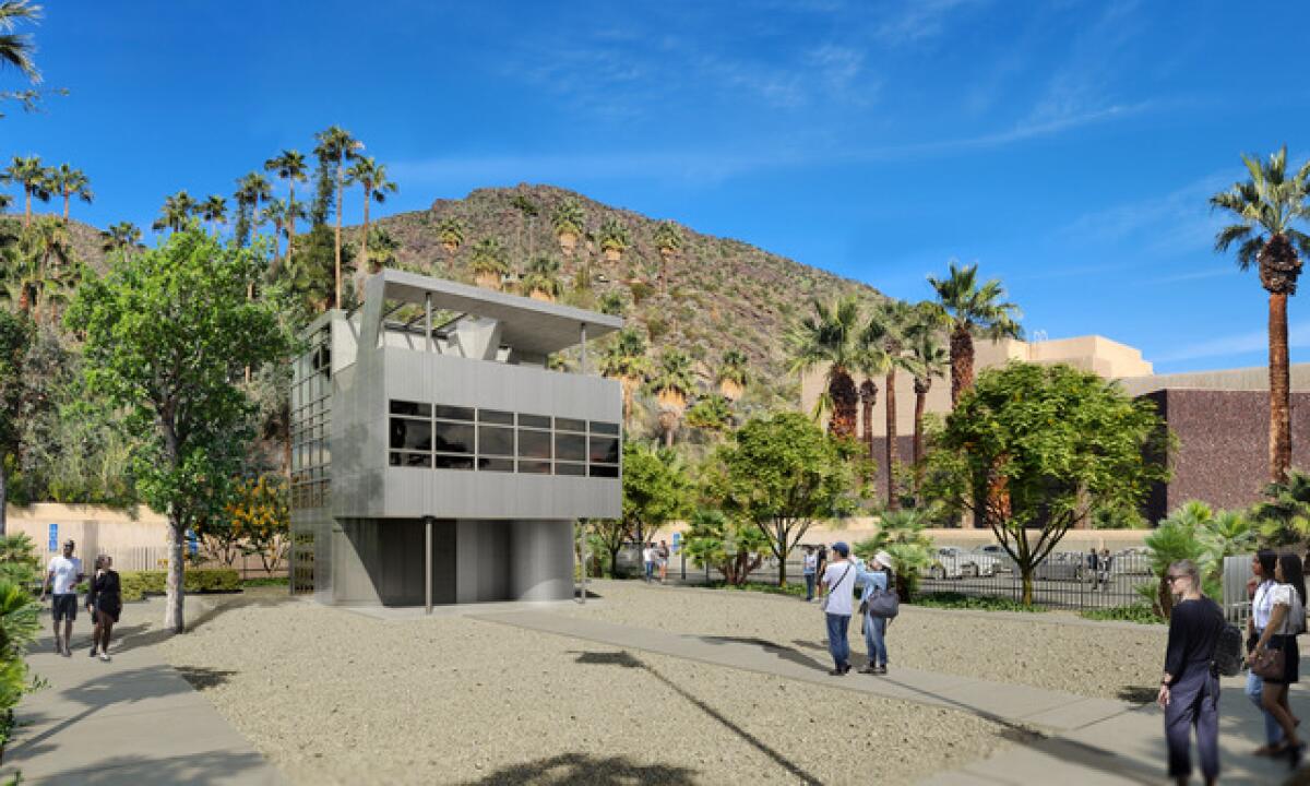 A digital rendering of Albert Frey's 1931 Aluminaire House with a mountain and palm trees behind and a plaza in front.