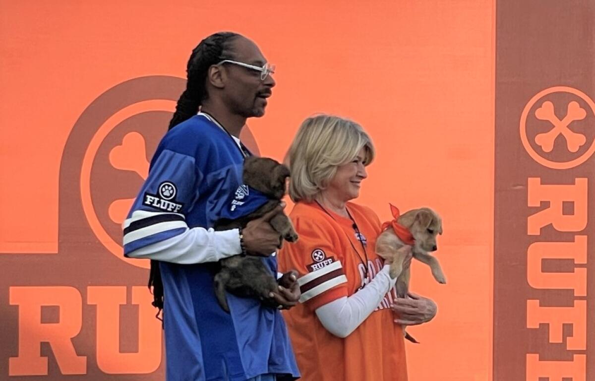 Buttons, a Puppy Bowl trainee from Helen Woodward Animal Center, is held by Martha Stewart, beside bowl co-host Snoop Dogg.