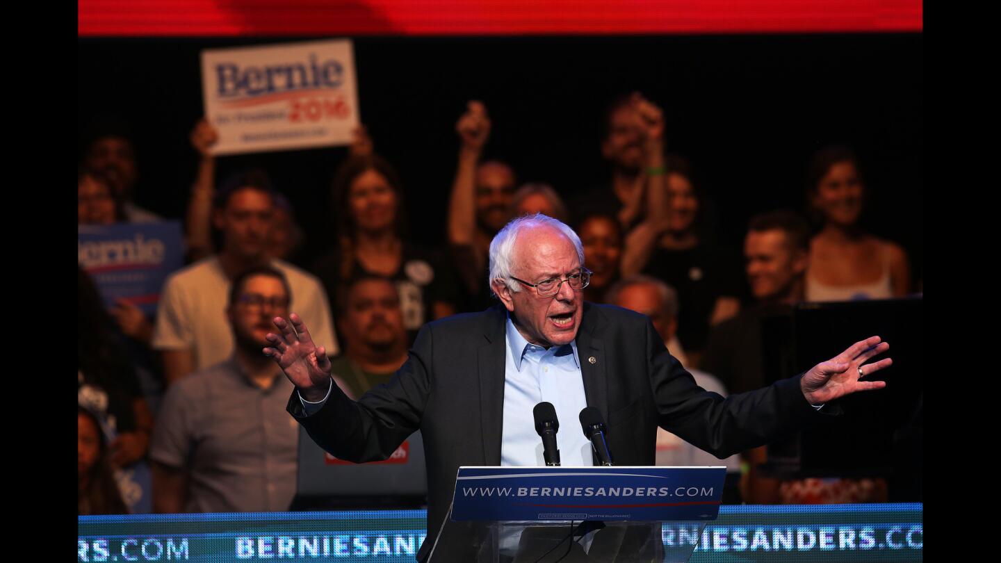 Democratic presidential candidate Bernie Sanders addresses a crowd gathered at the Avalon Hollywood nightclub for a fundraiser following the first Democratic debate in Las Vegas the night before.