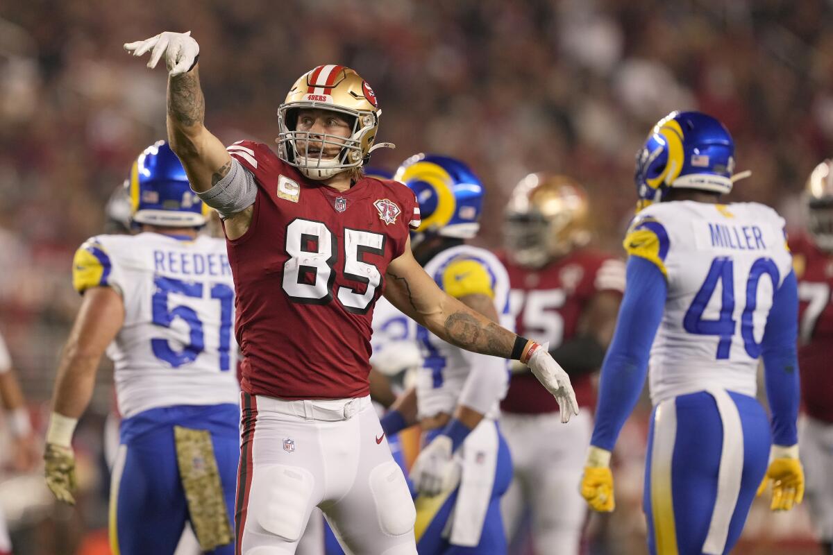 San Francisco 49ers tight end George Kittle (85) celebrates against the Rams in November.