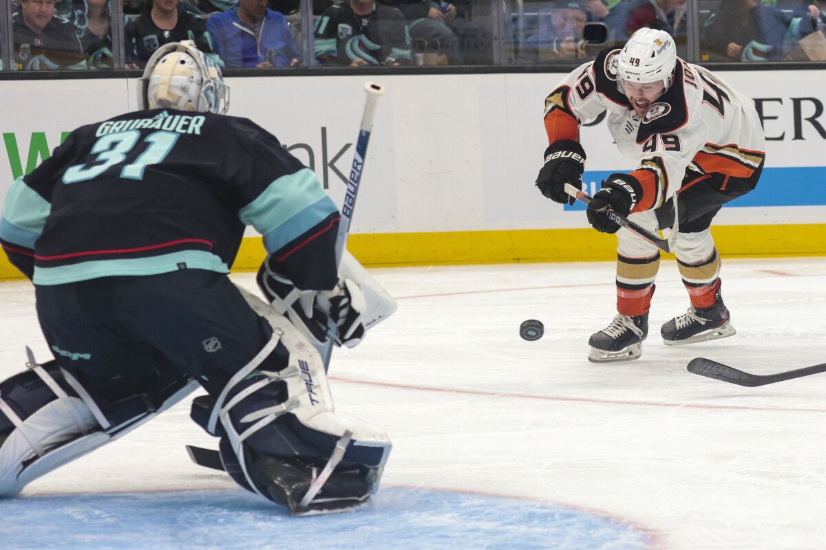 Ducks left wing Max Jones shoots on Seattle Kraken goaltender Philipp Grubauer during the second period.