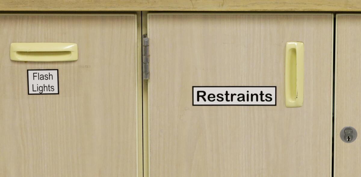 A cabinet with drawers, one labeled 'restraints' and the other 'flash lights'