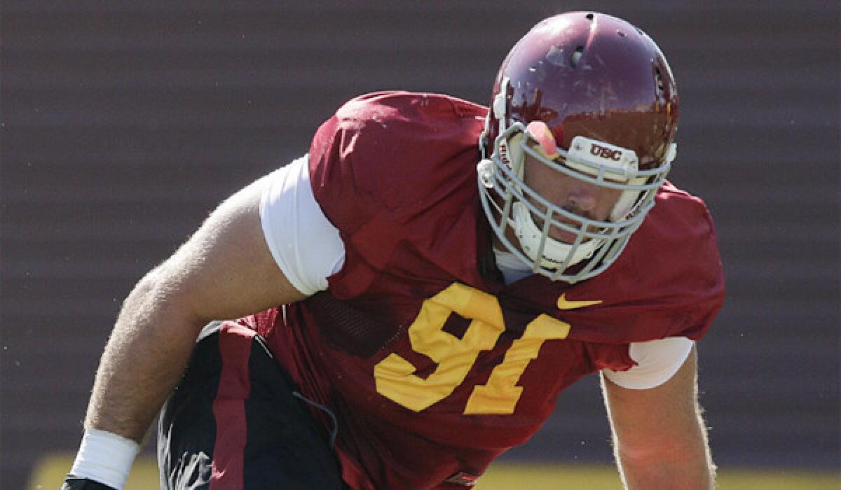Morgan Breslin, shown at practice this summer, led USC with 13 sacks last year.