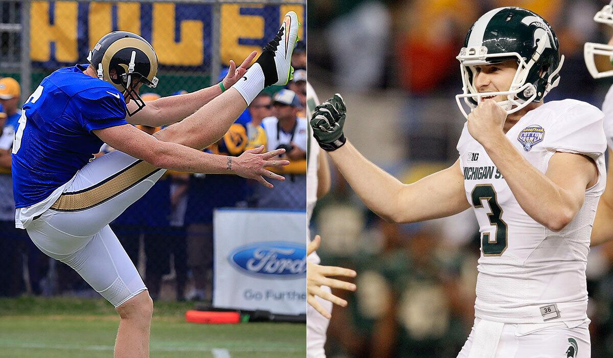 Rams punter Johnny Hekker, left, shown in 2015; the late Michigan State punter Mike Sadler
