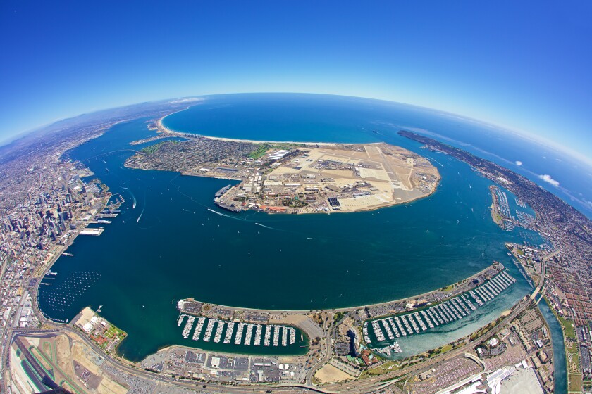 An aerial view of San Diego Bay and port tidelands.