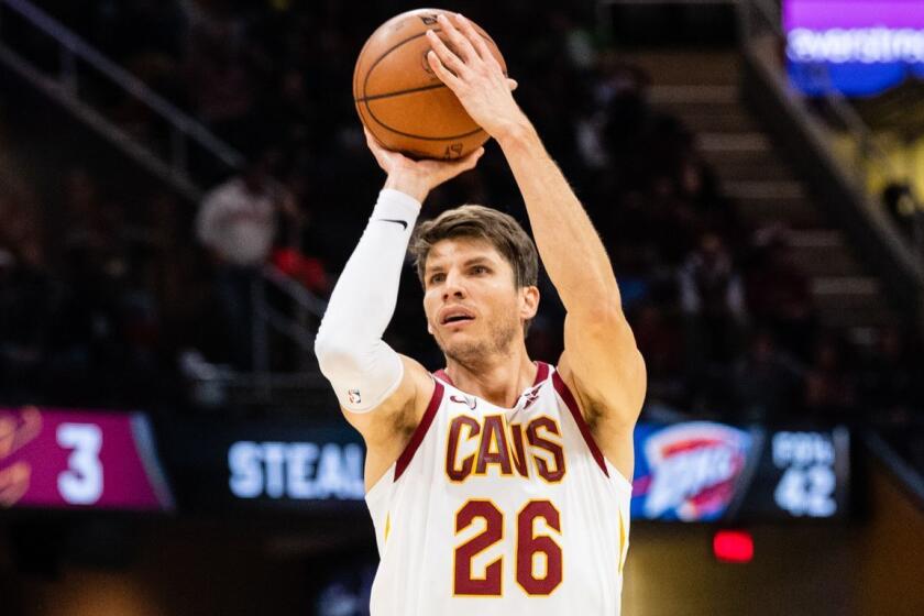 CLEVELAND, OH - NOVEMBER 7: Kyle Korver #26 of the Cleveland Cavaliers shoots a three during the second half against the Oklahoma City Thunder at Quicken Loans Arena on November 7, 2018 in Cleveland, Ohio. The Thunder defeated the Cavaliers 95-86. NOTE TO USER: User expressly acknowledges and agrees that, by downloading and/or using this photograph, user is consenting to the terms and conditions of the Getty Images License Agreement. (Photo by Jason Miller/Getty Images) ** OUTS - ELSENT, FPG, CM - OUTS * NM, PH, VA if sourced by CT, LA or MoD **