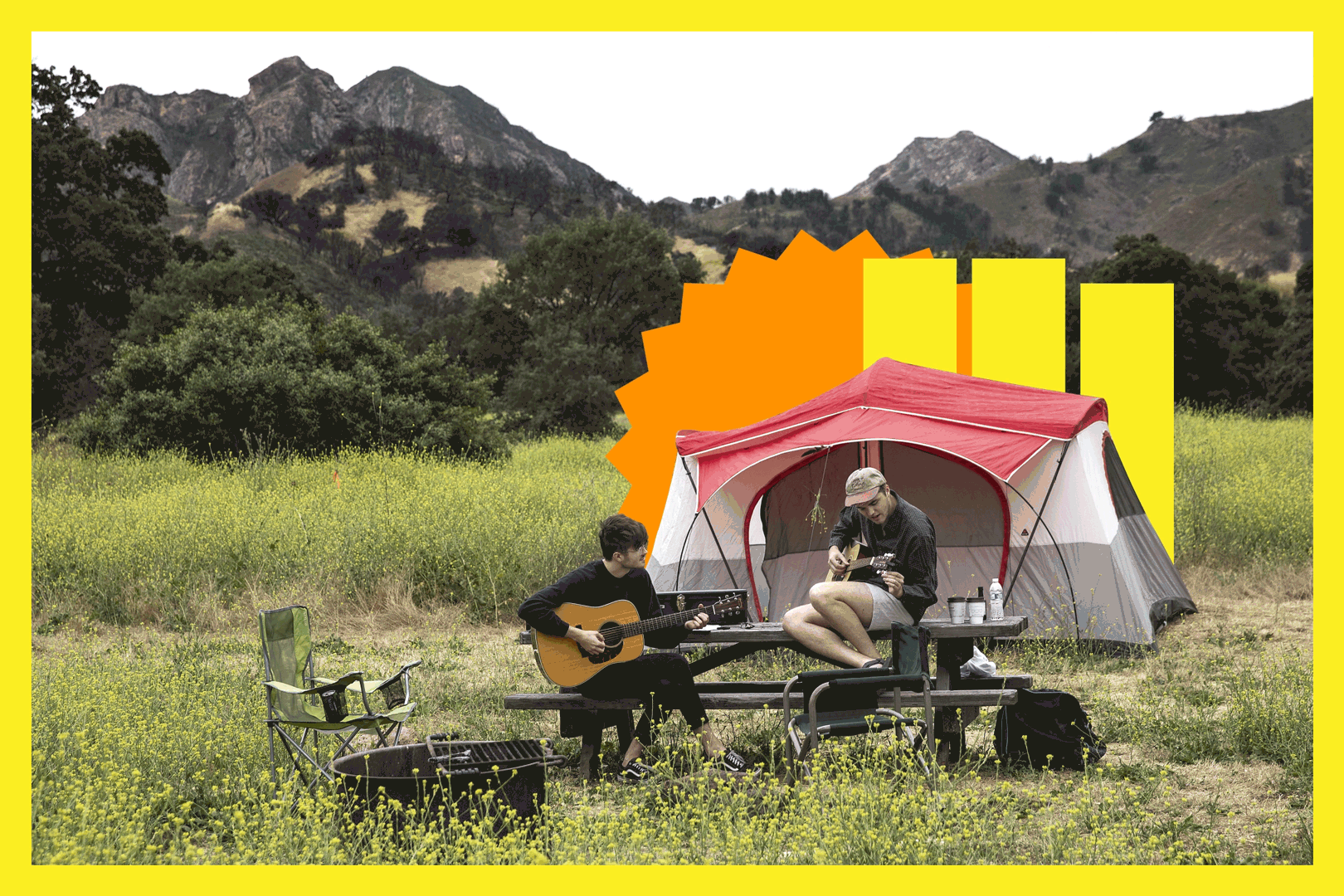 Two folks play guitar at their campsite in Malibu Creek State Park.