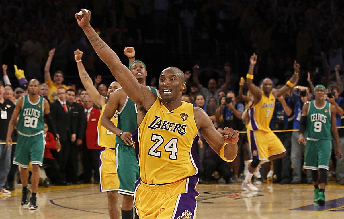 Kobe Bryant celebrates the Lakers' Game 7 victory over the Boston Celtics in the NBA Finals on June 17, 2010.